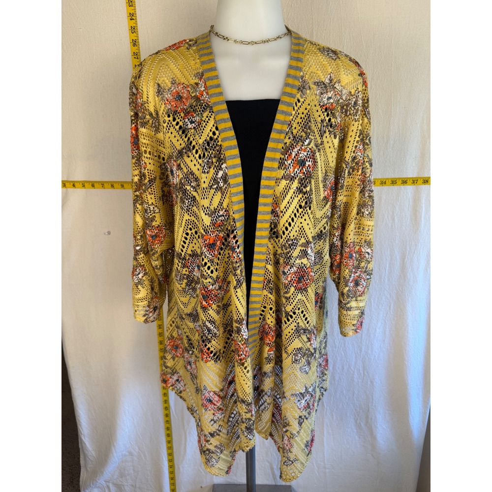 Boho Yellow Floral Mesh Kimono Style Open Cardigan Cottagecore Duster OS Layer